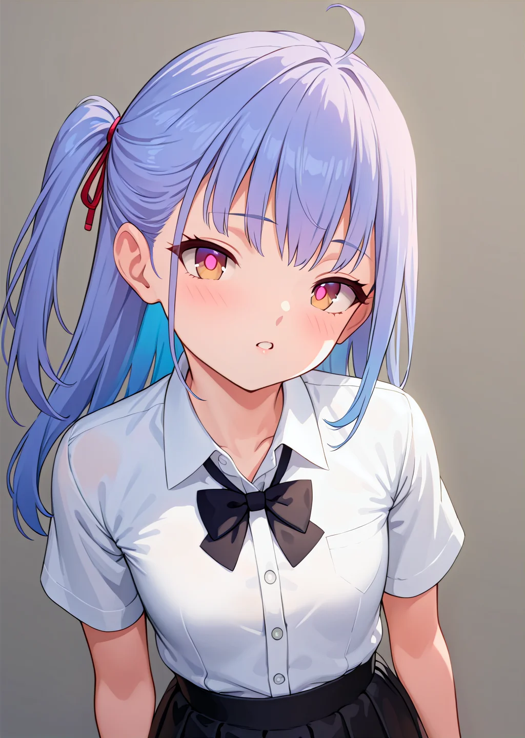 (best quality, masterpiece:1.2),
upper body, cowboy shot,
1girl, solo,
petite, single sidelock,
blue hair, grey hair, two-tone hair, looking at viewer,
brown eyes, pink pupils,
collared shirt, short sleeves, black bowtie,
black skirt,
standing, head tilt,
highres,sharp focus,Professional,Impasto,
front view,close-up,
reality_ray_tracing,ambient_light,
simple background, grey background,
<lora:ASYLJ77-000009-XL-02:0.9>