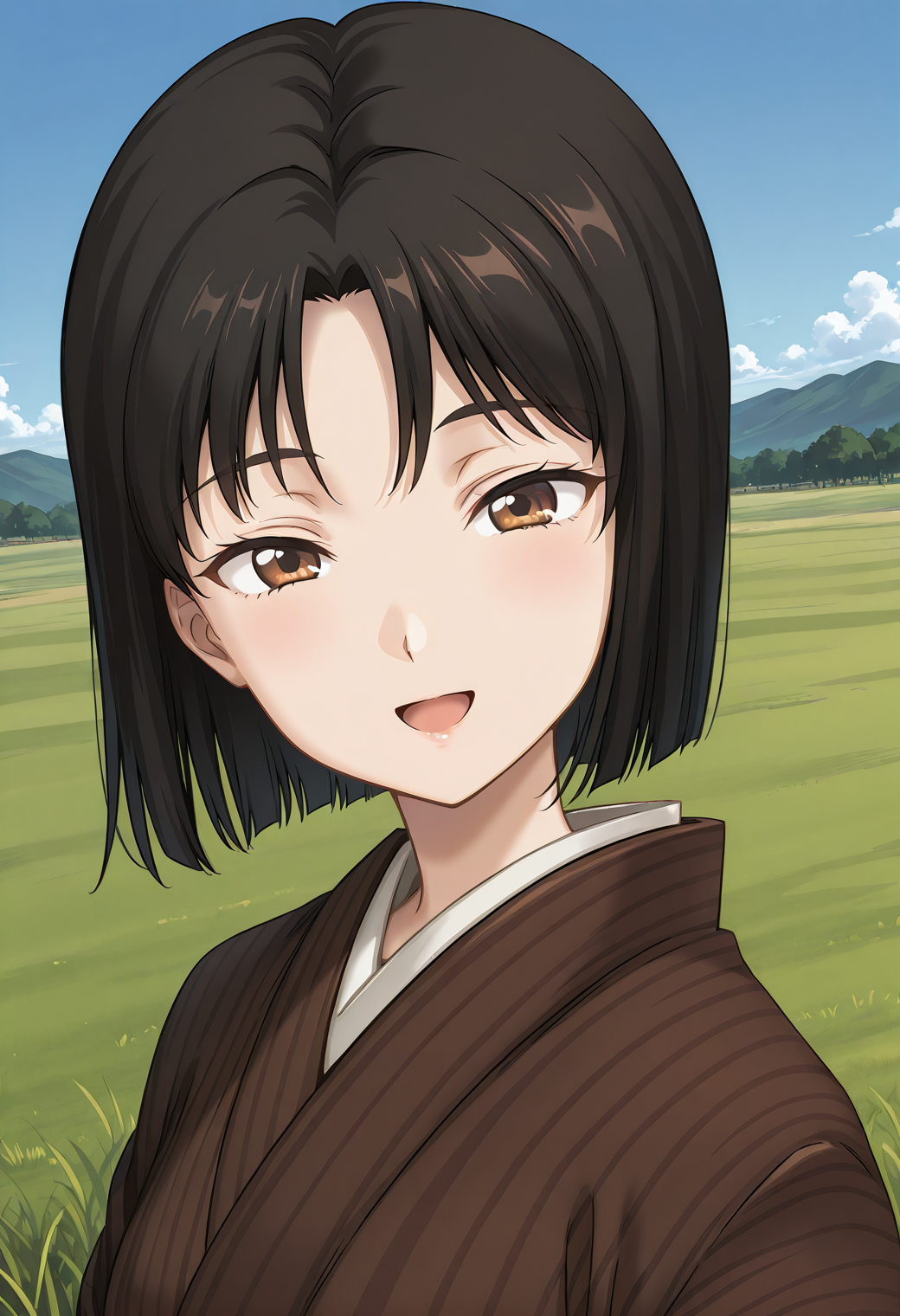 kuon_normal_miki, black hair, brown eyes, short hair, brown kimono, <lora:kuon_miki_illustrious_ver1:0.8>
smile,, masterpiece, best quality, sensitive,, 1girl, solo, blue sky, (grasslands:1.2), looking at viewer,, (upper body:1.2), (close-up:1.2), (facing viewer:1.2), (open eyes:1.4), (portrait:1.2)