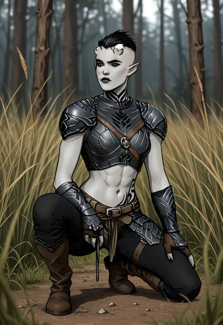 1girl, , naarga, grey orc, female orc, grey skin, pointy ears, undercut, black hair, broken horns, black lips, tattoo, abs, small breasts, blue eyes, slim, fur light armor, crouching, one knee on the ground, hunting, hiding in the tall grass, hunter bow,
masterpiece, best quality, amazing quality, very aesthetic, absurdres, newest, highres, volumetric lighting