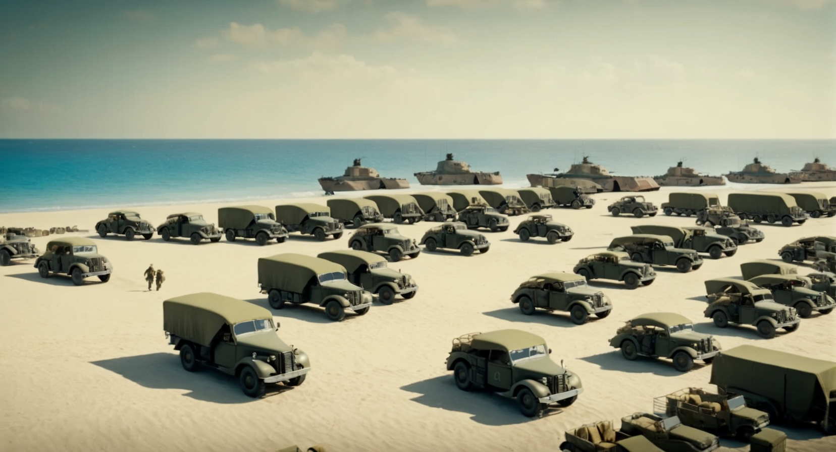 professional 3d model of (Cinematic Film stock footage style) in (Arri Alexa style) (Kodak film print style),
 <lora:cinematic ww2 style:1.5>
a beach with a lot of ww2 military vehicles and tents cinematic ww2 style, octane render, highly detailed, volumetric, dramatic lighting