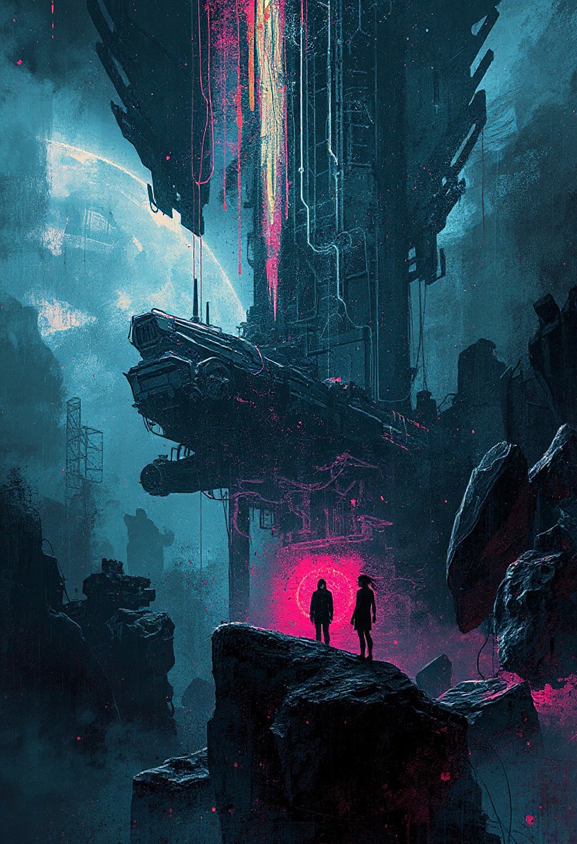 Art by Ismail Inceoglu, liminal space, Synthesis, Phase Twist, pain, Saw, Fourier, Bekeshi and Hole, mechanical and organic background, contrast of light and dark, surreal atmosphere. spaceship, cosmic woman, outer space, Sci-fi Environments,cyberpunk, cable