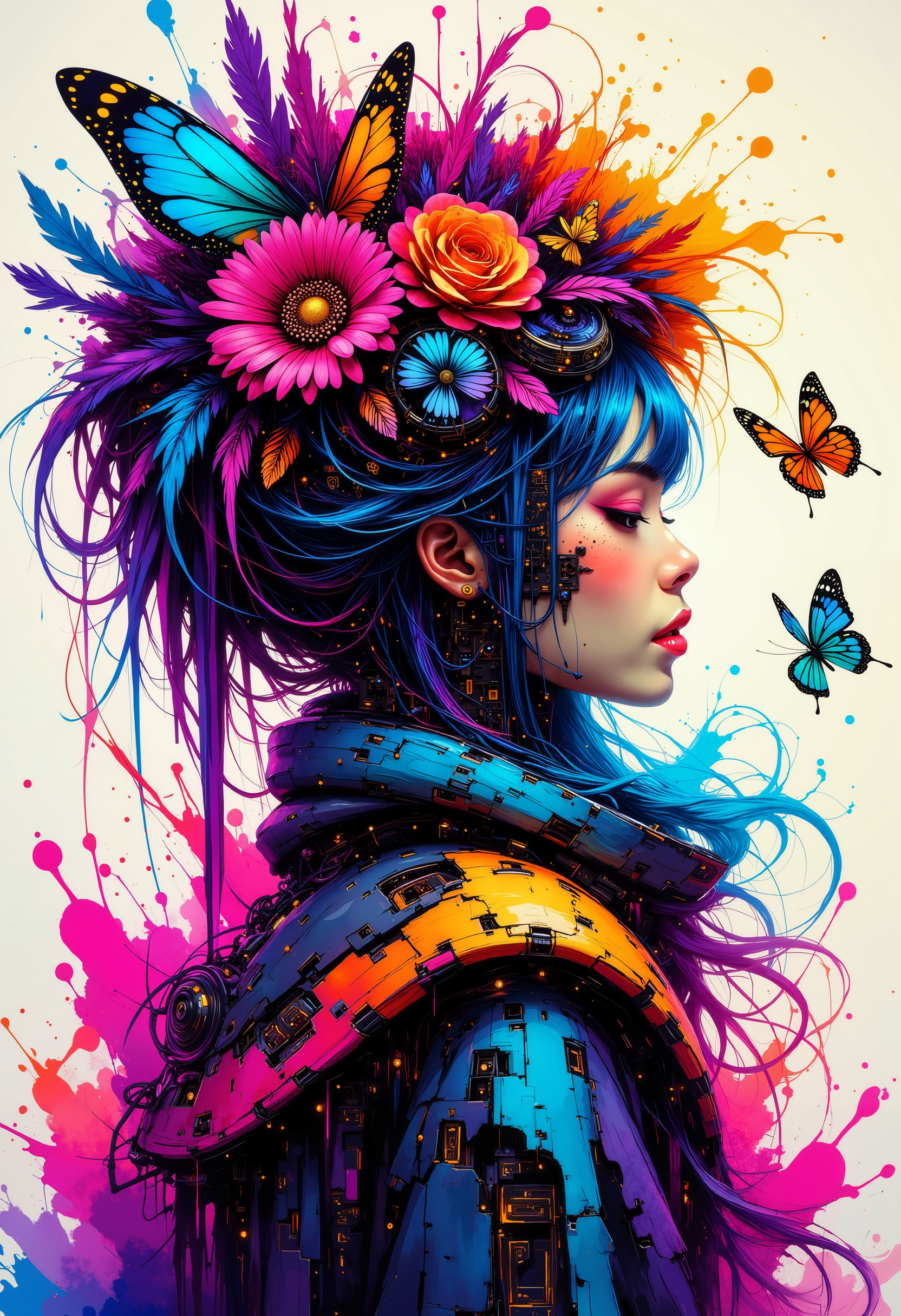 a fantastic abstract colorful art splash in the style of bo-cyborgsplash, a woman with an elaborate, colorful costume adorned with feathers and flowers, surrounded by butterflies<lora:boFLUX Cyborgsplash.safetensors:1.0:1.0>