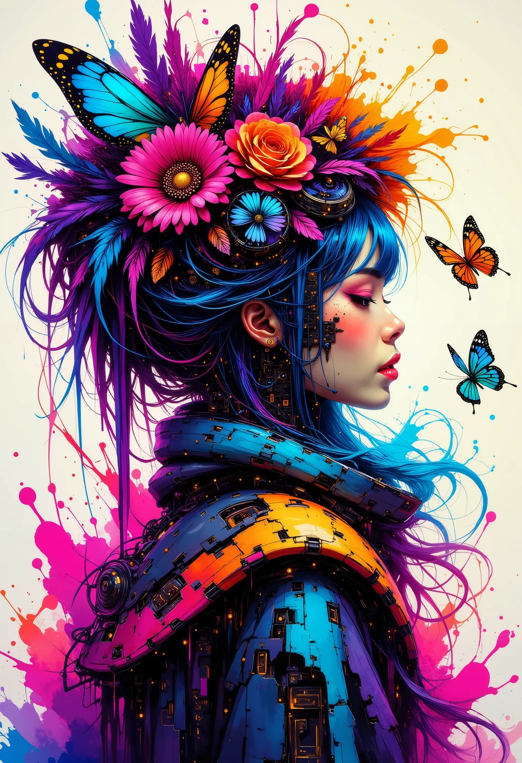 a fantastic abstract colorful art splash in the style of bo-cyborgsplash, a woman with an elaborate, colorful costume adorned with feathers and flowers, surrounded by butterflies<lora:boFLUX Cyborgsplash.safetensors:1.0:1.0>