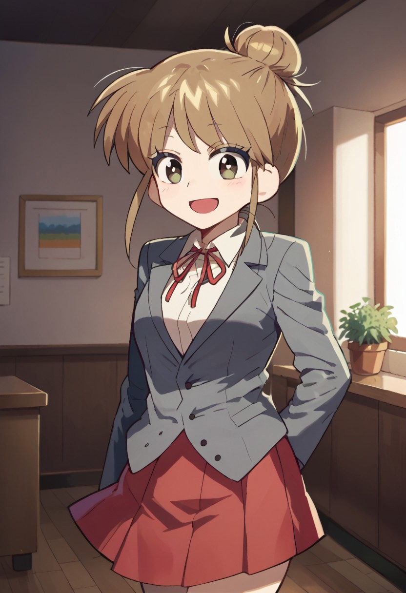 score_9, score_8, score_7, source_anime, mezulhuman, red ribbon, neck ribbon, blazer, sidelocks, open mouth, grey jacket, smile, indoors, single hair bun, skirt