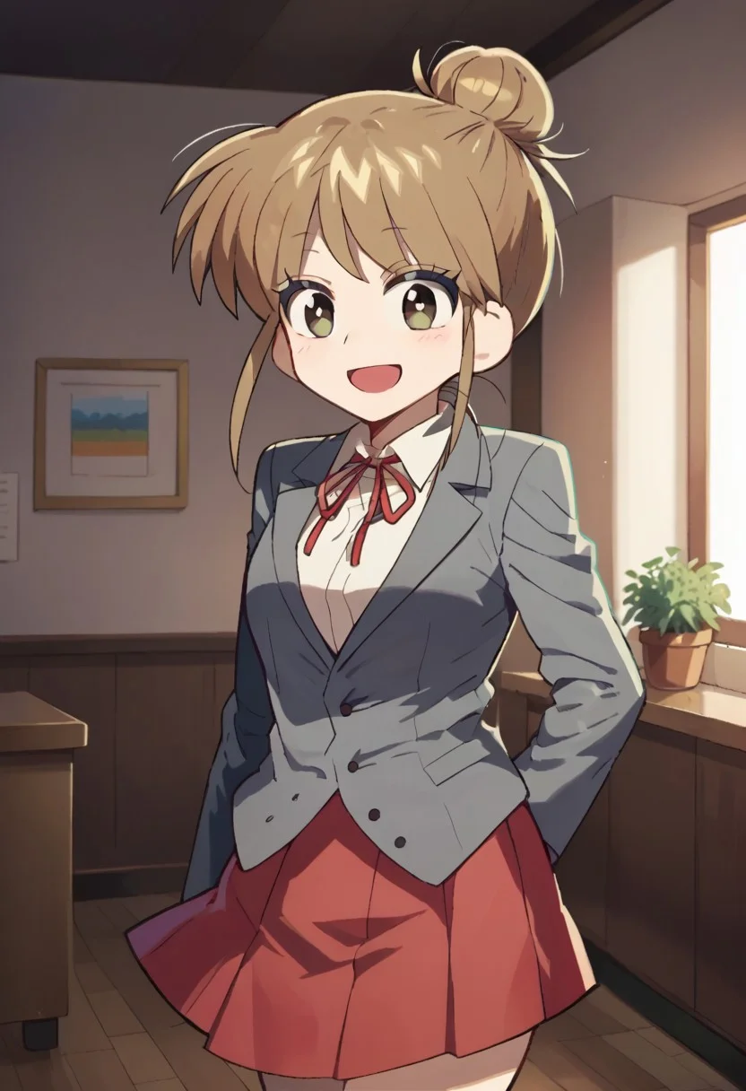 score_9, score_8, score_7, source_anime, mezulhuman, red ribbon, neck ribbon, blazer, sidelocks, open mouth, grey jacket, smile, indoors, single hair bun, skirt