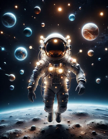 a surreal scene of a astronaut floating in space, with planets and stars also in ral-beer, dynamic, cinematic, masterpiece, intricate. Cyber aesthetic <lora:ral-lgtblb-sdxl:1> ral-lgtblb
