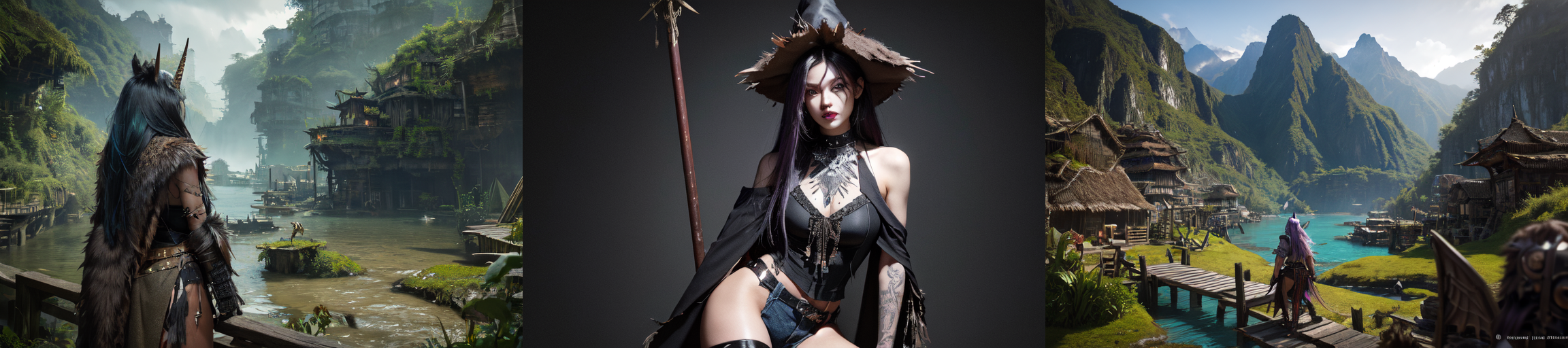 highly insanely detailed, masterpiece, top quality, best quality, highres, 4k, 8k, RAW photo, (very aesthetic, beautiful and aesthetic), 
__lazy-wildcards/subject/env-bg/SavageVerse/prompts__, 
<lora:SavageVillage-10:0.5>, 
(1girl:1.3), 
solo focus, 
($(char-skin-tanned-dark-black-bronze-001):1.1), 
(__lazy-wildcards/char/haircolor__), 
__lazy-wildcards/dataset/background__,âââ
