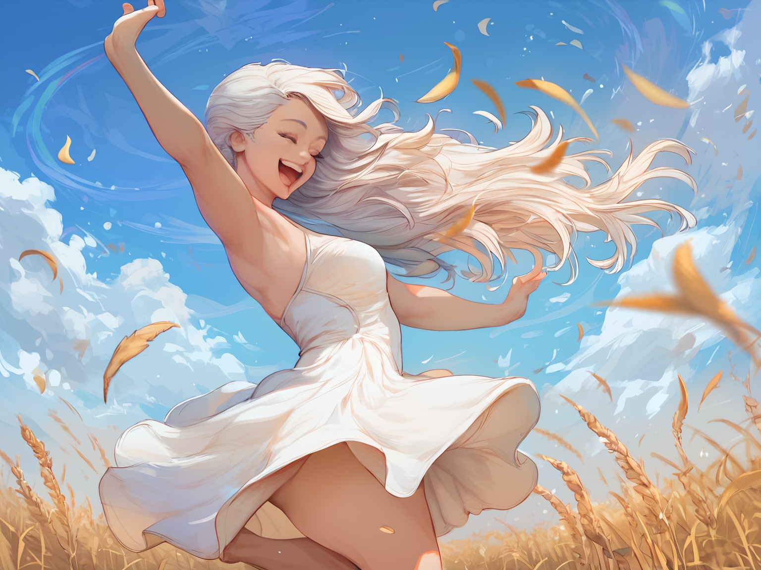 score_9, score_8_up, score_7_up, 1girl, solo focus, pale skin, white hair, dancing, closed eyes, wearing short white dress, csr style, happy, closeup, impending thunderstorm, field of wheat background, <lora:cutesexyronutts_style_xl:0.8>, <lora:PerfectEyesXL:1>, <lora:3m0t3XLP:0.8>, detailed