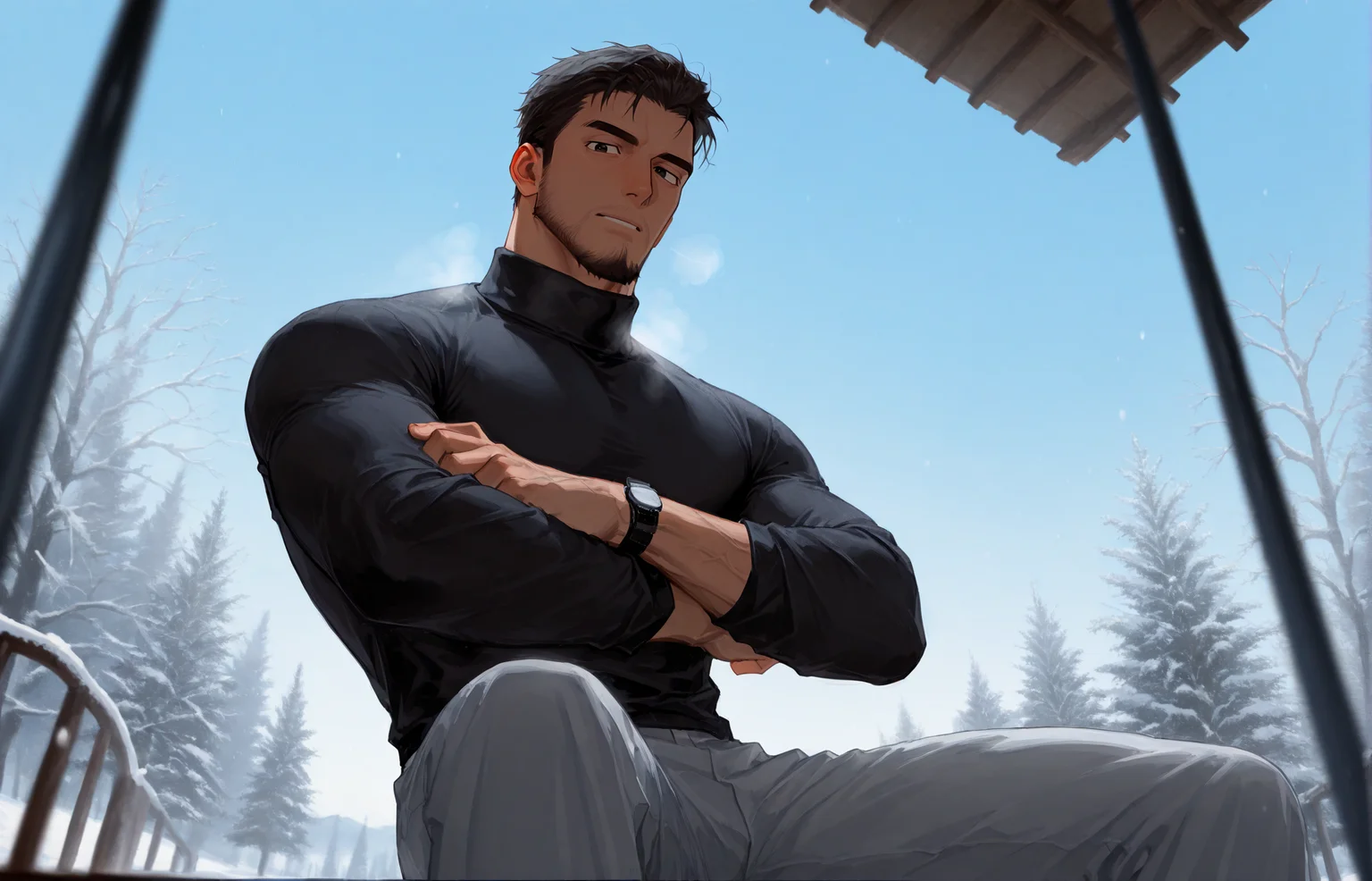 <lora:Lifeline_Style_V2_Illu_Edition-000015:1>, (llv2-illu), ((sitting with head cocked slightly to the left and arms crossed casually at the wrist, winter, turtleneck, dark ash hair, day, low-angle shot))
looking at the viewer, cowboy shot,
(very short hair, beard, bara, mature, facial hair, stubble, beard, full beard, sideburn, beard, a lot of beard, ), facial hair,male focus, muscular male, muscular male, bara, mature, bara, mature, aixiwuganda_(20222192), very awa, masterpiece, best quality, absurdres, newest, perfect quality, detailed background, intricate details,
<lora:slider_Body Type_alpha1.0_rank4_noxattn_last:3><lora:Anime Summer Days 2 Style SDXL_LoRA_Pony Diffusion V6 XL:.6><lora:slider_cfg_scale_boost:.7><lora:Artist6p:.55>, Artist6p, Artist04p,<lora:slider_il_brightness_slider_d1:-1><lora:slider_il_contrast_slider_d1:-1><lora:slider_DarkSlider1.2_alpha1.0_rank16_full_300steps:-.6>