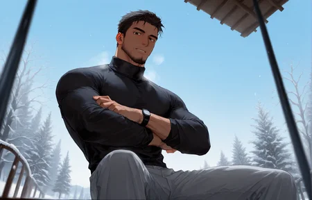 <lora:Lifeline_Style_V2_Illu_Edition-000015:1>, (llv2-illu), ((sitting with head cocked slightly to the left and arms crossed casually at the wrist, winter, turtleneck, dark ash hair, day, low-angle shot))
looking at the viewer, cowboy shot, 
(very short hair, beard, bara, mature, facial hair, stubble, beard, full beard, sideburn, beard, a lot of beard, ), facial hair,male focus, muscular male, muscular male, bara, mature,  bara, mature, aixiwuganda_(20222192), very awa, masterpiece, best quality, absurdres, newest, perfect quality, detailed background, intricate details,
<lora:slider_Body Type_alpha1.0_rank4_noxattn_last:3><lora:Anime Summer Days 2 Style SDXL_LoRA_Pony Diffusion V6 XL:.6><lora:slider_cfg_scale_boost:.7><lora:Artist6p:.55>, Artist6p, Artist04p,<lora:slider_il_brightness_slider_d1:-1><lora:slider_il_contrast_slider_d1:-1><lora:slider_DarkSlider1.2_alpha1.0_rank16_full_300steps:-.6>