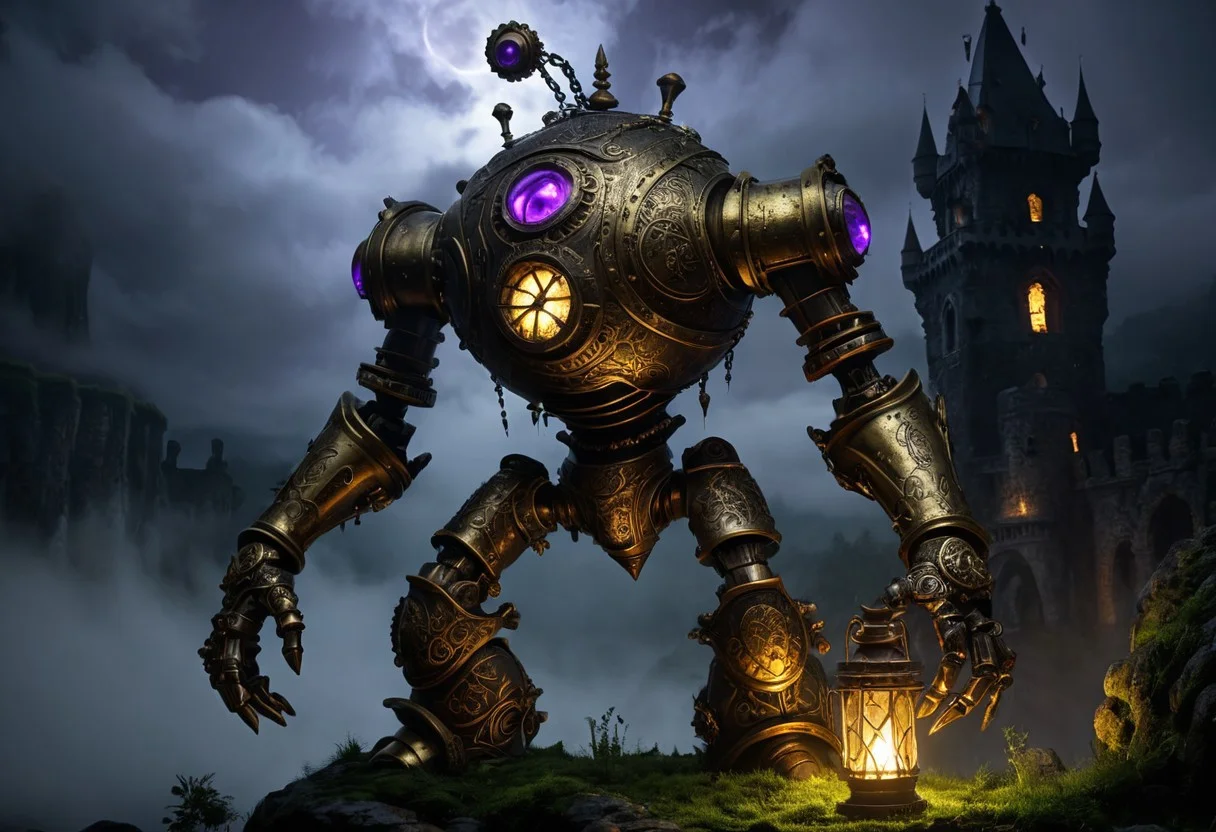 giant bipedal robot brass and purple
striped paint, bronze paisley robot. lacy robot metal. eye helmet torso head. outside of a steampunk keep. large detailed torso. dark image. one forty foot tall ancient robot with great arms and two heavy spring legs. dark foggy night background. $dark foggy night image only. dark photo realistic image. steampunk details. cogs, chains and pipes incorporated in the fantasy buildings. magic wizards tower in background. Dark swamp, moss, castle ruins, wizards tower. stormy dark night. stormy sky. rain