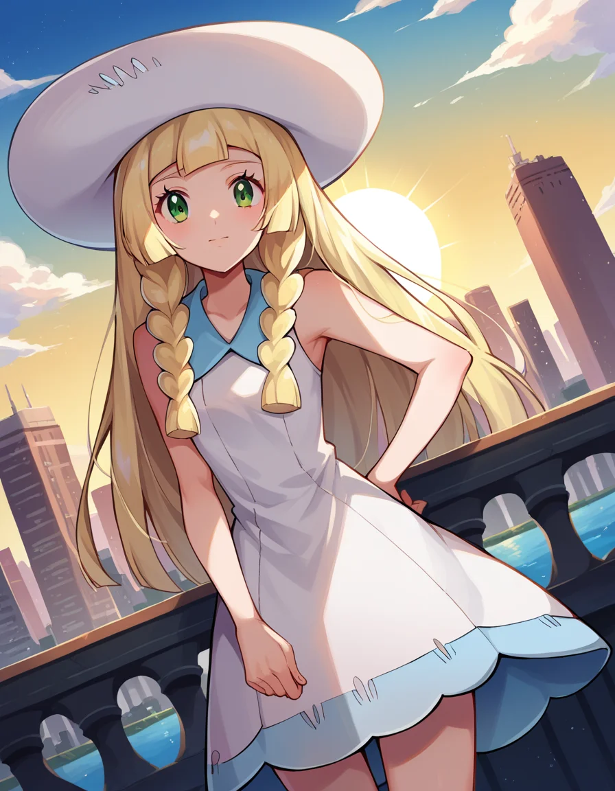 score_9, score_8_up, score_7_up, source_anime,
pokemonlilie, <lora:pokemon-lilie-ponyxl-lora-nochekaiser:1>
pokemonlilie, blonde hair, blunt bangs, green eyes, long hair,
braid, collared dress, dress, hat, sleeveless, sleeveless dress, sun hat, sundress, twin braids, white dress, white headwear,
outdoors, cityscape,
looking at viewer, cowboy shot, dutch angle,