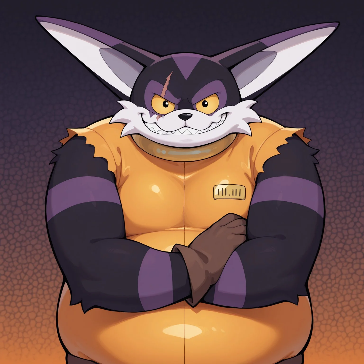 Smallsthecat, Solo, 2d, 1boy, male, Feline, furry, furry male, cat, male, long ears, black fur, purple fur, white fur, multicolored fur, white muzzle, black nose, eye scar, yellow sclera, black pupils, orange prison bodysuit, sleeveless, striped fur, brown gloves, brown boots, fat
BREAK arms crossed, looking at viewer, smirking, upper body focus, abstract background, smirk, sharp teeth
BREAK best quality, amazing quality, very aesthetic, absurdres, newest, masterpiece