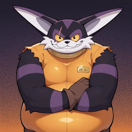 Smallsthecat, Solo, 2d, 1boy, male, Feline, furry, furry male, cat, male, long ears, black fur, purple fur, white fur, multicolored fur, white muzzle, black nose, eye scar, yellow sclera, black pupils, orange prison bodysuit, sleeveless, striped fur, brown gloves, brown boots, fat
BREAK arms crossed, looking at viewer, smirking, upper body focus, abstract background, smirk, sharp teeth
BREAK best quality, amazing quality, very aesthetic, absurdres, newest, masterpiece