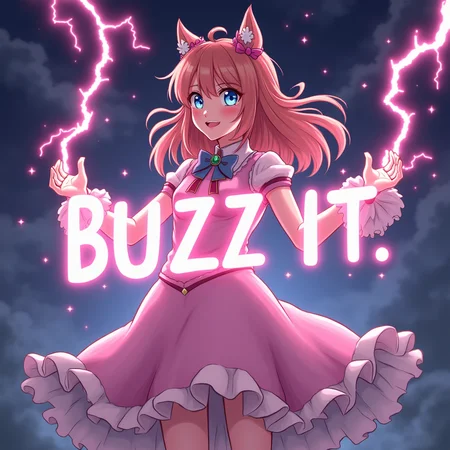 an anime magical girl casting a magic spell with thunders, the magic spell forms the words "BUZZ IT"