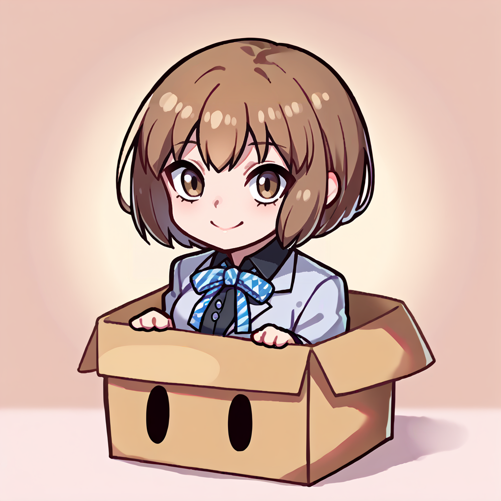 score_9, score_8_up, score_7_up, source_anime, BREAK, solo, 1girl, smile, looking at viewer,  <lora:boxed_potat_v1:1>, b0xe,chibi, in box, <lora:Io-pdxl_Fp:1>, iodesu2, short hair, brown hair, brown eyes, school uniform, ribbon, collared shirt, black skirt
