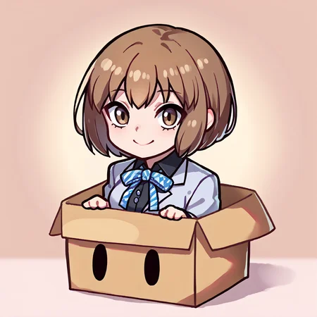 score_9, score_8_up, score_7_up, source_anime, BREAK, solo, 1girl, smile, looking at viewer, <lora:boxed_potat_v1:1>, b0xe,chibi, in box, <lora:Io-pdxl_Fp:1>, iodesu2, short hair, brown hair, brown eyes, school uniform, ribbon, collared shirt, black skirt