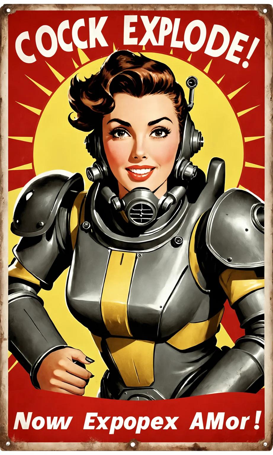 text "Cock Explode Now!", poster of a woman wearing fallout power armor, classic waves, falloutpostsdxl,<lora:falloutpostsdxl:0.8>, 1960s \(style\), classic ad,