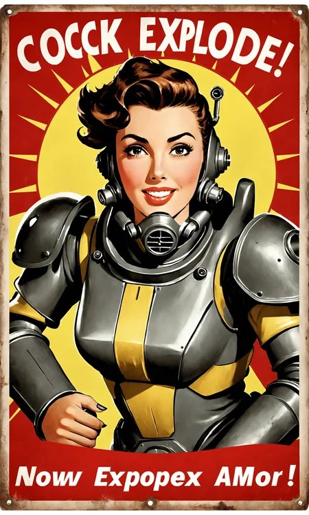 text "Cock Explode Now!", poster of a woman wearing fallout power armor, classic waves, falloutpostsdxl,<lora:falloutpostsdxl:0.8>, 1960s \(style\), classic ad,
