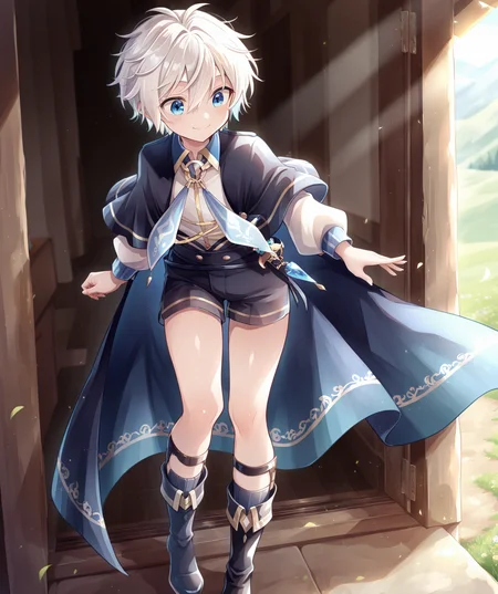 intricately detailed illustration, shiny skin, masterpiece, best quality, amazing quality, very aesthetic, newest, scenery, (volumetric lighting:1.1), full color, clear line, <lora:van_v1:0.8>, 1boy, van, blue eyes, white hair, short hair, black jacket, white shirt, tie, aiguillette, shorts, black boots, smile, simple background, <lora:cfg_scale_boost:0.7>