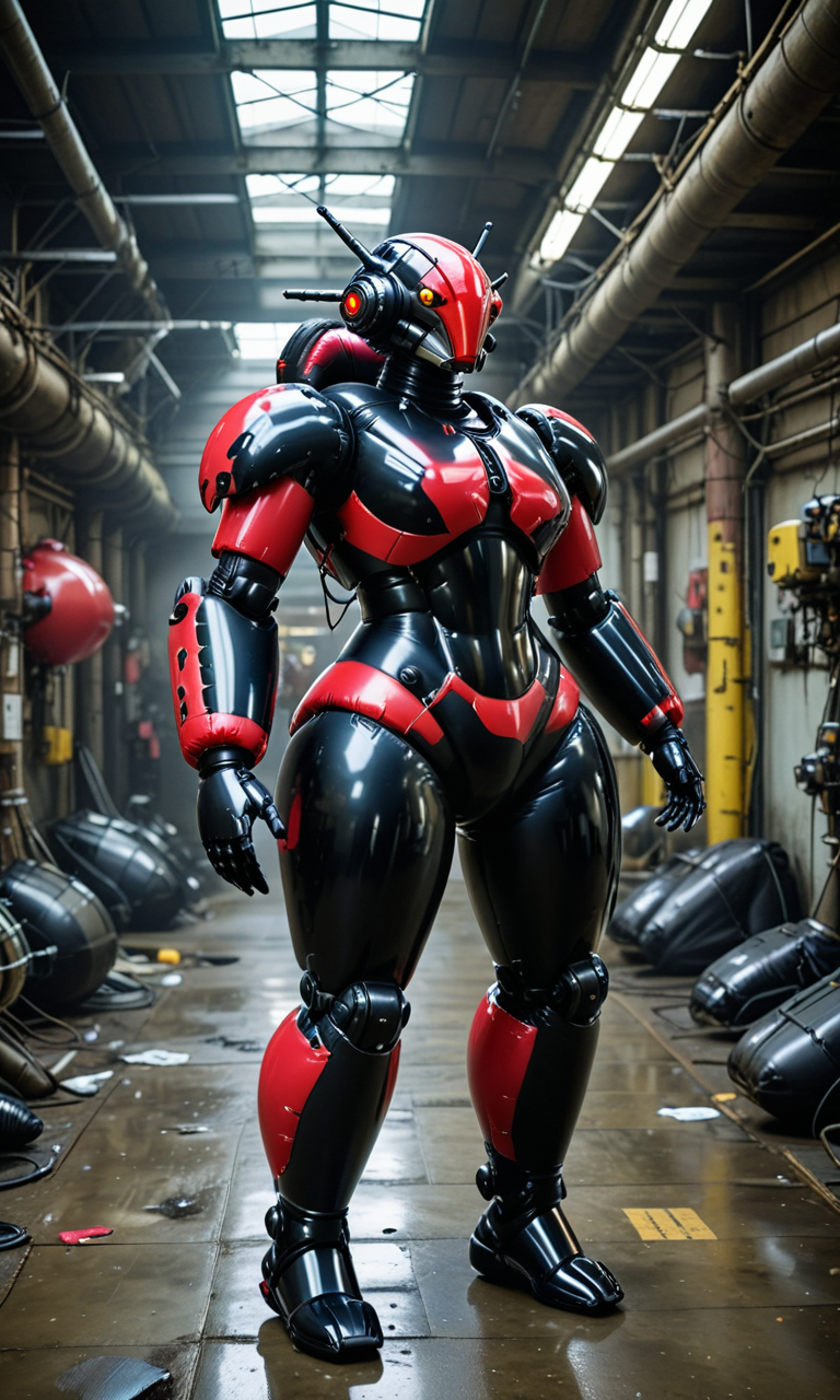 shnywrld, sci-fi, cyberpunk fantasy forest, woman wearing a black and red Inflatable mech robotsuit, she is in a bustling dirty space port <lora:hugeinflatablesuit_1dim:1> <lora:shinyworld_2dim:1>