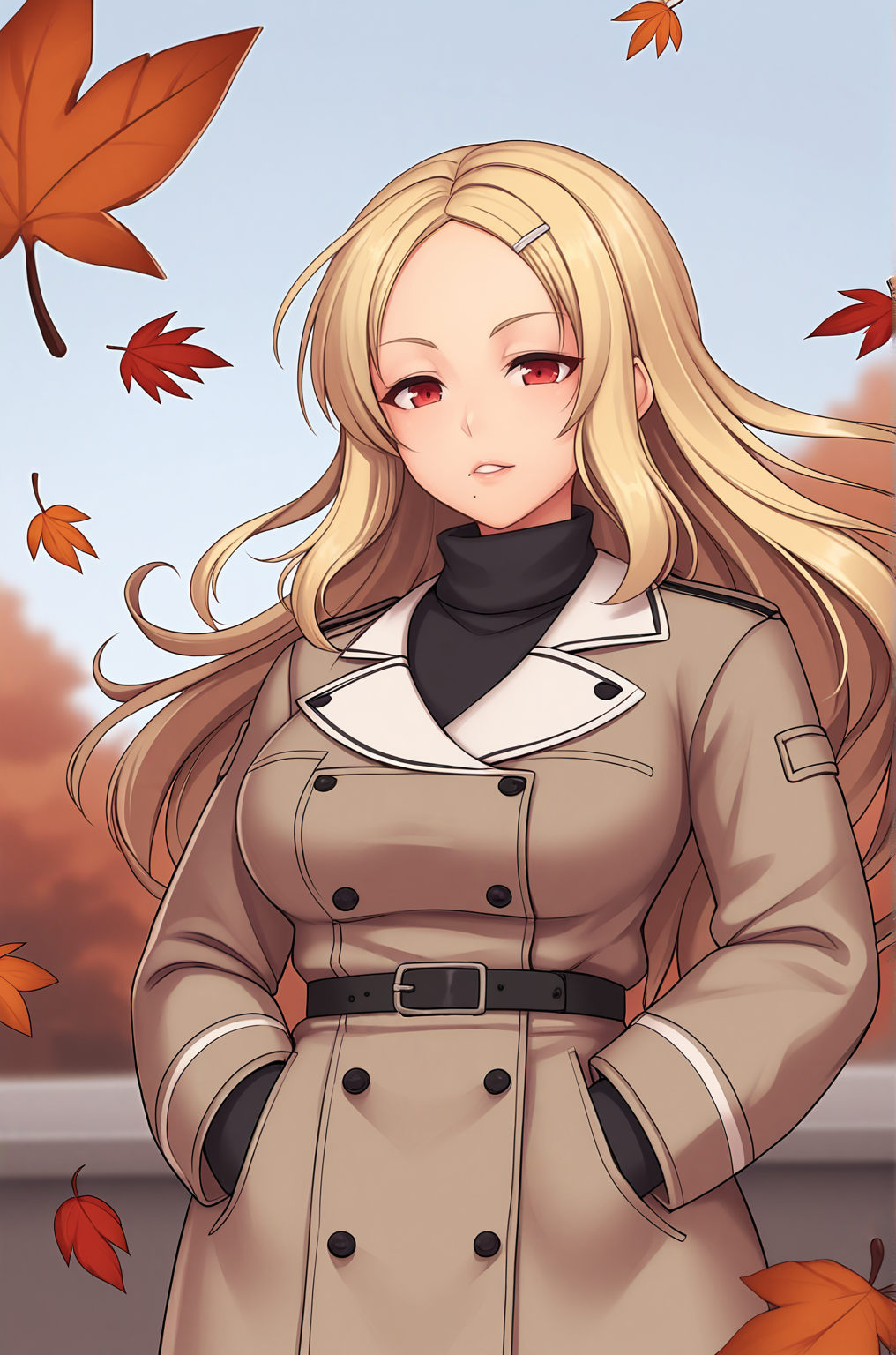 anime artwork score_9, score_8_up, score_7_up, score_6_up, score_5_up, score_4_up, source_anime, BREAK, thick outline, fat outline,
Shiki_XL, blonde, long hair, red eyes, mole under mouth, hairclip, large breasts, BREAK, long coat, BREAK, hands in pockets, wind, floating hair, autumn, orange leaves, floating leaves,
<lora:Shiki_XL:0.7>
<lora:PersonalAmi_PonyXL:1.0>