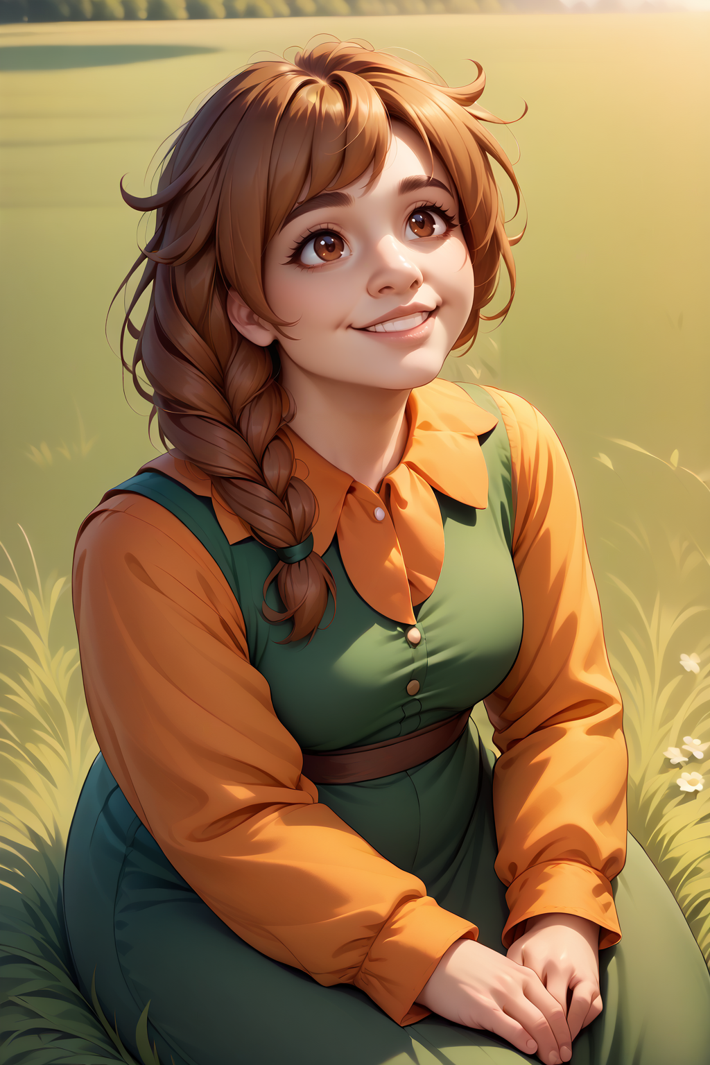 score_9, score_8_up, 1girl, solo <lora:NSMarnieStardew:1> NSMarnieStardew, single braid, brown hair, brown eyes, green dress, orange collared shirt, long sleeves, orange sleeves, grass field, sitting, smile, looking up,