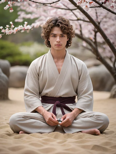 absurdres,masterpiece,sharp focus,extreme detail description,male focus,abs, A tranquil scene of a young guy with soft, curly hair, meditating in a Zen garden. The setting is peaceful and harmonious, with meticulously raked sand and delicate cherry blossoms. ((Young guy, soft curly hair)), Zen garden, raked sand, cherry blossoms, (tranquil, harmonious, peaceful).
