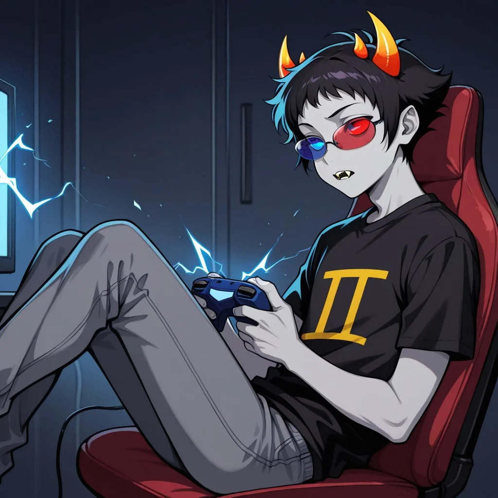 1boy, solo, from side, sitting, legs propped up, holding controller, gaming, Sollux Captor, grey skin, black hair, short hair, short horns, fangs, red and blue glasses, sunglasses, colored sclera, heterochromia, eye glow, electricity, black shirt, grey jeans, masterpiece, best quality, amazing quality, very aesthetic, absurdres, newest