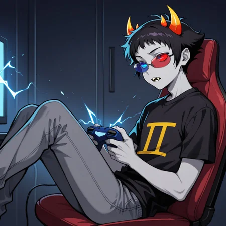 1boy, solo, from side, sitting, legs propped up, holding controller, gaming, Sollux Captor, grey skin, black hair, short hair, short horns, fangs, red and blue glasses, sunglasses, colored sclera, heterochromia, eye glow, electricity, black shirt, grey jeans, masterpiece, best quality, amazing quality, very aesthetic, absurdres, newest