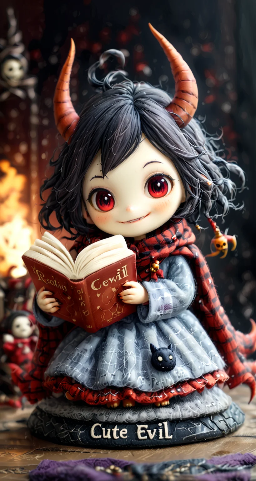 cinematic photo woman, "Cute & Evil" written, <lora:Cute_Collectible:1>, wearing a demonic robe, long flowing plaid scarf, horns, reading a book, evil smile with fangs, <lora:20230930-1696066978110:0.8> Felted Doll, <lora:SDXLFaeTastic2400:1>, <lora:cutedoodle_XL:0.4> cute doodle, <lora:Low-key lighting Style:0.7> Low-key lighting Style