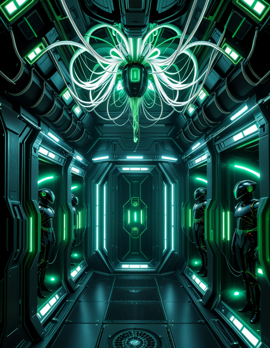 A dark, oppressive regeneration chamber deep within a Borg vessel â a biomechanical environment where drones return to recharge and interface with the collective. The chamber is dimly lit with pulsating green and white lights that flicker through dense shadows. The walls are lined with vertical alcoves, each containing a Borg drone standing motionless, plugged into the system via biomechanical tendrils, tubes, and neural interfaces embedded into their bodies.
The surfaces of the room are a fusion of metallic plating, organic texture, and cybernetic growths â as if the ship itself is alive, constantly shifting and adapting. Steam hisses softly from vents near the floor, and faint mechanical whirring echoes through the chamber. Fiber optic cables pulse with data transmissions, running across the ceiling like glowing veins. 
Above, a central neural conduit hangs like a mechanical spine from the ceiling, branching out and connecting to each alcove, feeding the collective hive mind with real-time information. The atmosphere is cold, sterile, and unnervingly silent â a place devoid of individuality, where only the will of the collective exists. There is no comfort here, only efficiency, order, and total control. 
<lora:SDXLFaeTastic2400:0.4> <lora:extremely_detailed:0.4> extremely detailed,<lora:borg_recharge_ch4mb3r:1>,borg recharge ch4mb3r, Masterpiece,best quality,hi res,8k,hi res,8k,award winning,(sharp focus, intricate, highly detailed),