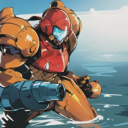 1girl, masterpiece, best quality, samusaran, orange power armor, <lora:Samusaran:0.7>, ((helmet)), arm cannon, water planet, closeup