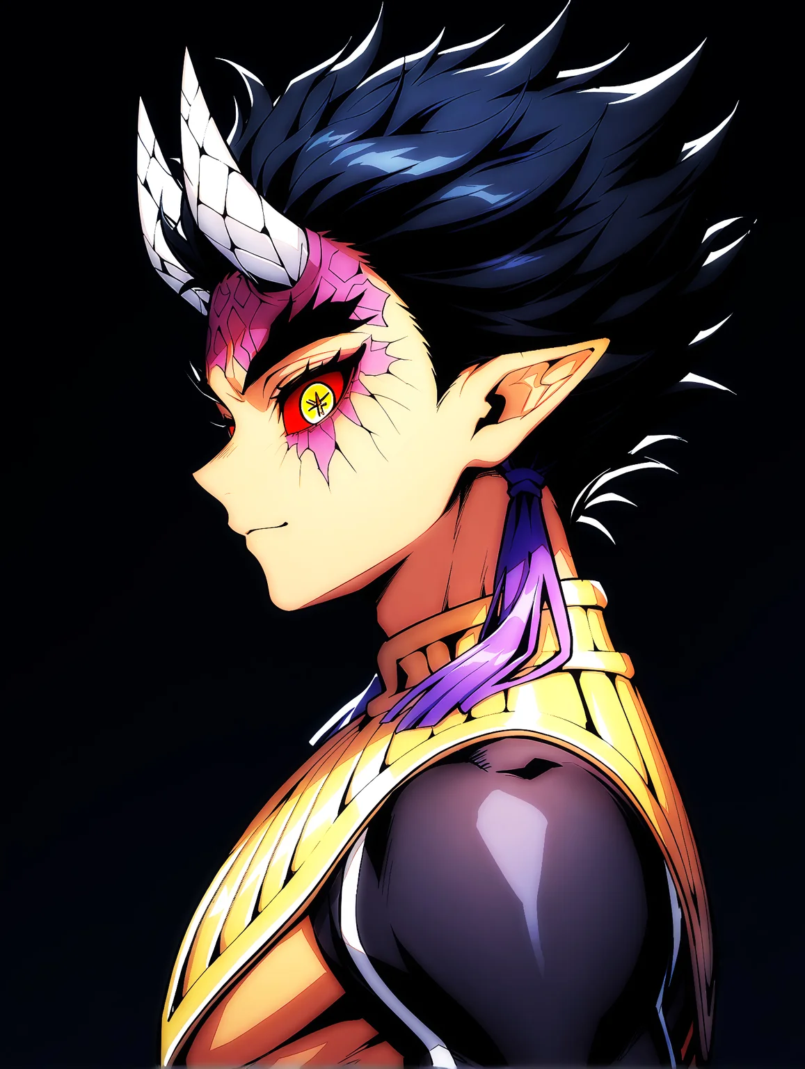 masterpiece, very aesthetic, best quality, solo, amazing quality, imtdzohakuten, 1boy, male, tassel, black hair, pointy ears, red sclera, yellow eyes, egyptian clothes, horns, short hair, kanji pupils, facial mark, spiked hair, fit body, upper body portrait, from side, profile, looking sideways, looking at the viewer, slight smile, dark background, detailed eyes, eyes focus