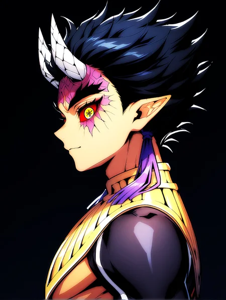 masterpiece, very aesthetic, best quality, solo, amazing quality, imtdzohakuten, 1boy, male, tassel, black hair, pointy ears, red sclera, yellow eyes, egyptian clothes, horns, short hair, kanji pupils, facial mark, spiked hair, fit body, upper body portrait, from side, profile, looking sideways, looking at the viewer, slight smile, dark background, detailed eyes, eyes focus