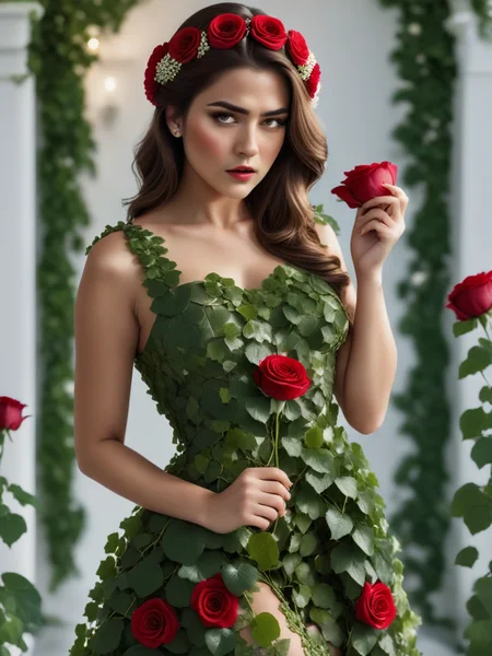 cinematic photo beautiful woman wearing a short flower dress made of Ivy and peeking roses,eating a rose bloom,<lora:xl_flower_dress-1.0:1>. 35mm photograph,film,bokeh,professional,4k,highly detailed,surprised,annoyed,badmood,frown,furrowed_brow
