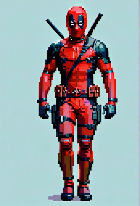 (1girl, solo, , pixel art, 64 bit, 32 bit, 16 bit, comicbookpage style, Gotoh_Hitori, Deadpool1024:1.3),(Standing, full body focus, body focus:1.3),zPDXL3,SimplePositiveXLv2, detail1eye, looking at viewer