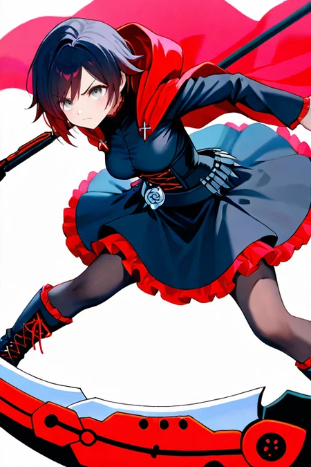 masterpiece, High quality, Ultra detailed, 2d, newest, absurdres, highres, BREAK
1girl, solo, <lora:ruby_rose:0.8>, ruby_rose_(ruby), short hair, black hair, multicolored hair, grey eyes,
medium breasts, rosedef, long sleeves, black dress, corset, belt, rose, skirt, frilled dress, pantyhose, black footwear, cross-laced footwear, hooded cloak, red cape,
scythe, crescent rose, holding scythe, fighting stance, angry,