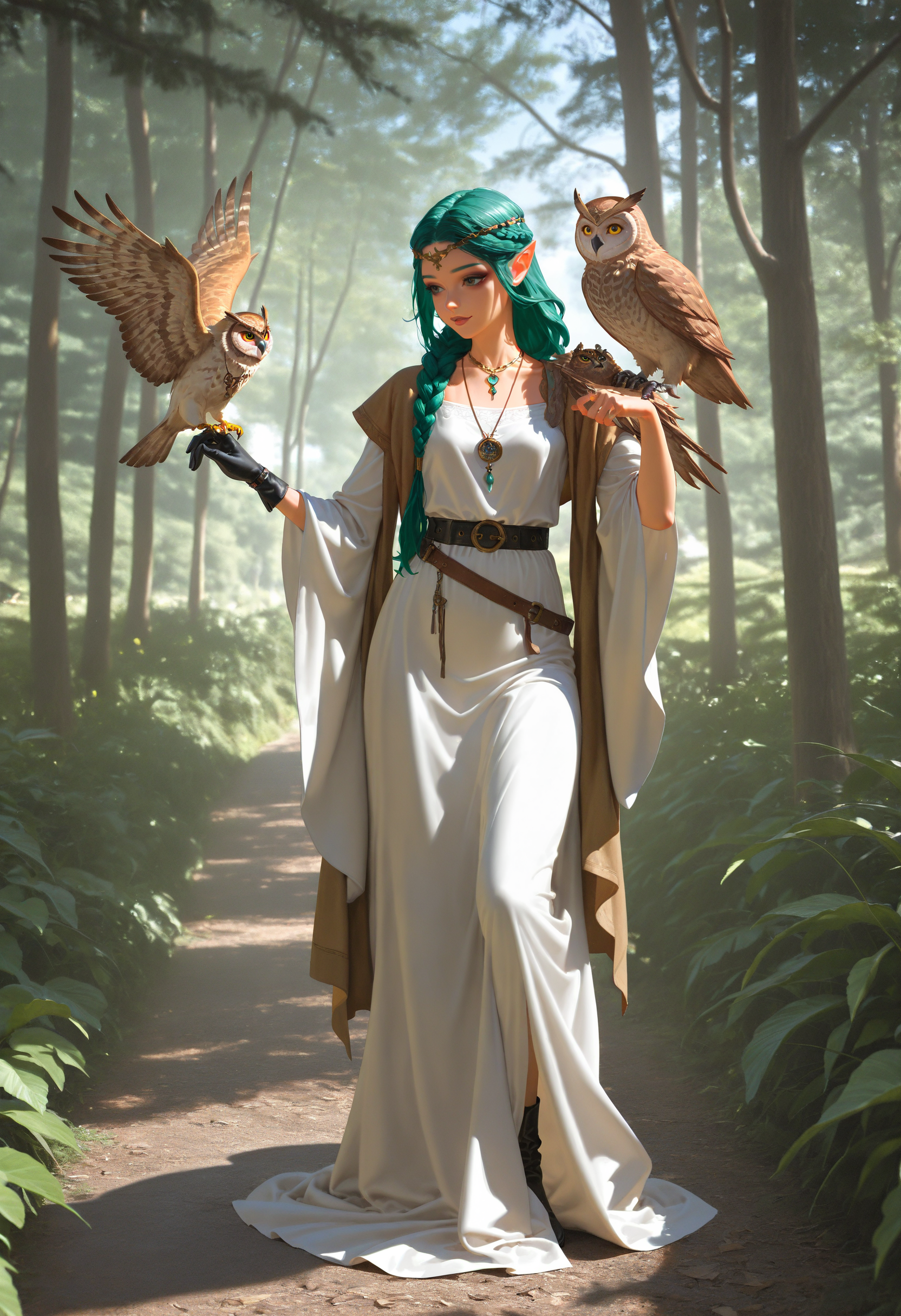 (high_quality, newest, incredibly_absurdres, very aesthetic, zbrush_\(artwork\), digital_painting_\(artwork\), flat_colors, anime_coloring)
(HVC-Illu, seductive, jewelry, bird, green hair, long hair, 1girl, necklace, owl, braid, single glove, solo, dress, nature, wide sleeves, belt, outdoors, pointy ears, standing, robe, animal on arm, circlet, gloves, full body, tree, white dress, bird on hand, black lips, photo background)