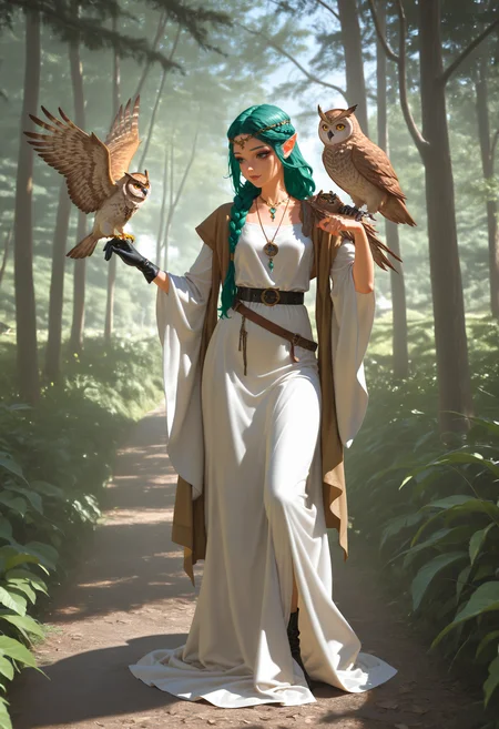 (high_quality, newest, incredibly_absurdres, very aesthetic, zbrush_\(artwork\), digital_painting_\(artwork\), flat_colors, anime_coloring)
(HVC-Illu, seductive, jewelry, bird, green hair, long hair, 1girl, necklace, owl, braid, single glove, solo, dress, nature, wide sleeves, belt, outdoors, pointy ears, standing, robe, animal on arm, circlet, gloves, full body, tree, white dress, bird on hand, black lips, photo background)