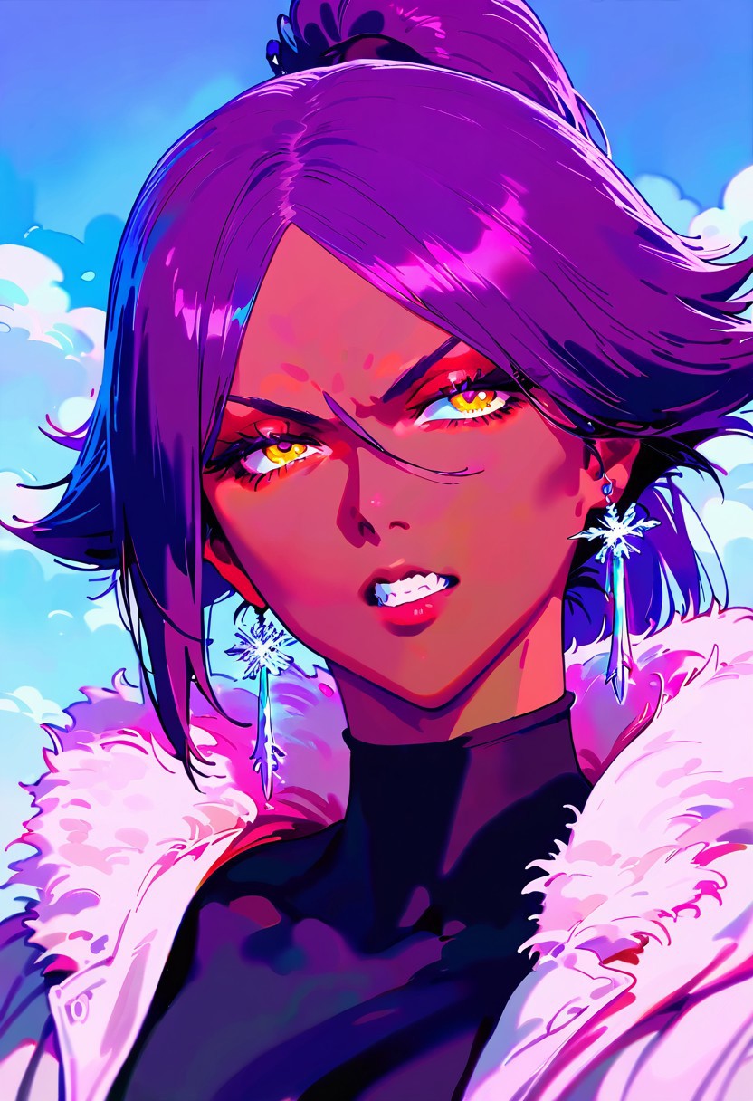 portrait, Masterpiece, Best Quality, Best Score, Best Anatomy,ultra deitailed,white suit,sci-fi, futuristic, shiny brilliant yellow eyes, 
Yoruichi Shihouin, 1girl, (dark-skinned), purple hair, ponytail, brilliant earrings, shiny teeth, big white winter fur coat with a big fur hood, over black bodysuit, 
detailed winter background
<lora:add-detail-xl:1>, <lora:nyalia_NoobXL:0.3>, <lora:cutesexyrobutts_style_illustrious_goofy:0.2>,  <lora:nabibutterILLUS:0.1>, usnr, <lora:USNR STYLE_XL_loha:0.9>,