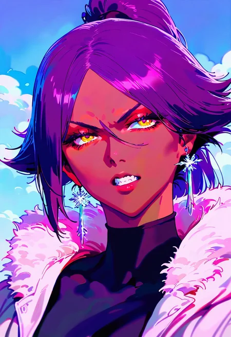 portrait, Masterpiece, Best Quality, Best Score, Best Anatomy,ultra deitailed,white suit,sci-fi, futuristic, shiny brilliant yellow eyes,
Yoruichi Shihouin, 1girl, (dark-skinned), purple hair, ponytail, brilliant earrings, shiny teeth, big white winter fur coat with a big fur hood, over black bodysuit,
detailed winter background
<lora:add-detail-xl:1>, <lora:nyalia_NoobXL:0.3>, <lora:cutesexyrobutts_style_illustrious_goofy:0.2>, <lora:nabibutterILLUS:0.1>, usnr, <lora:USNR STYLE_XL_loha:0.9>,