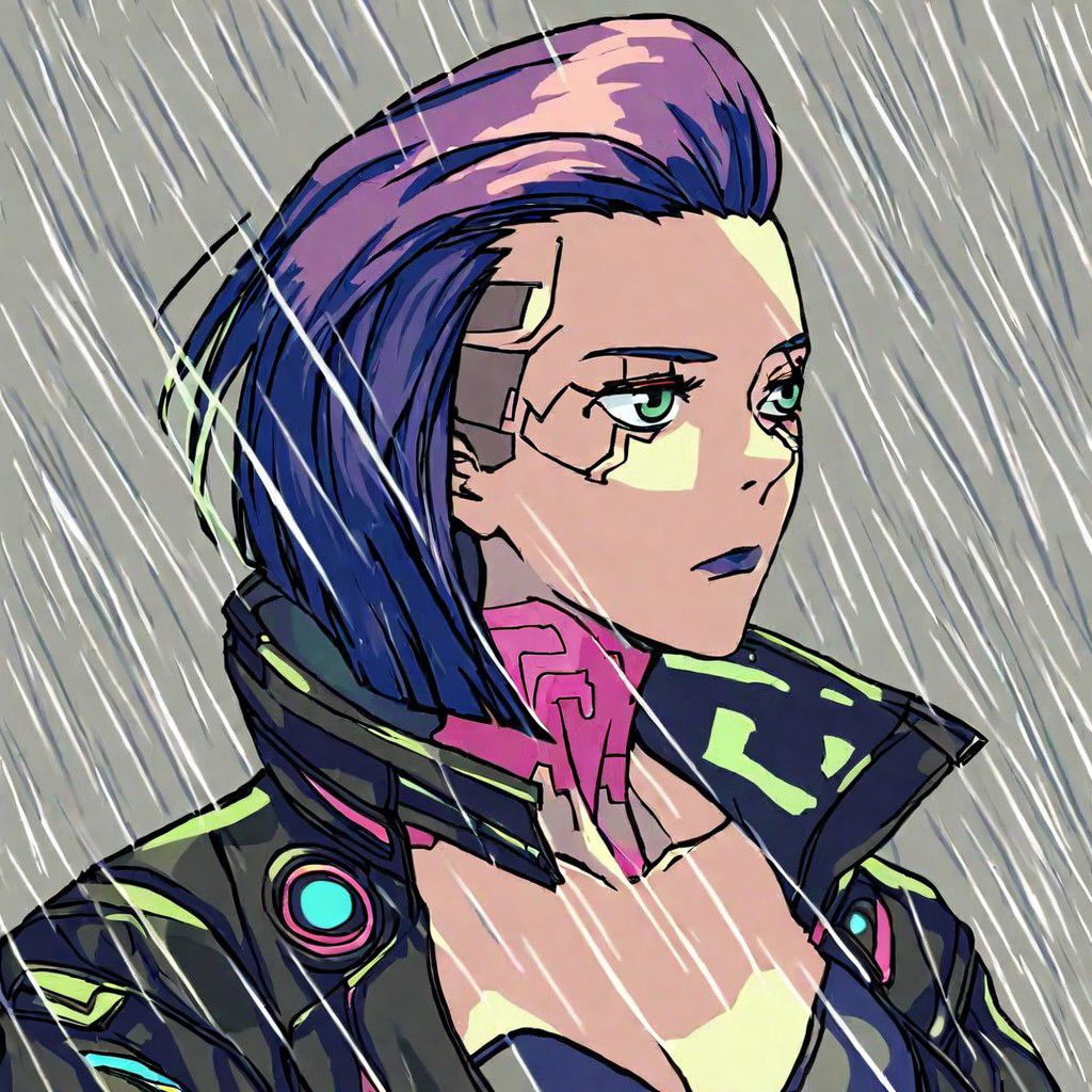 (best quality:0.8) perfect anime illustration, a women, leather jacket, (rain:1.3), (cyberpunk:1.2), (neon:1.1)