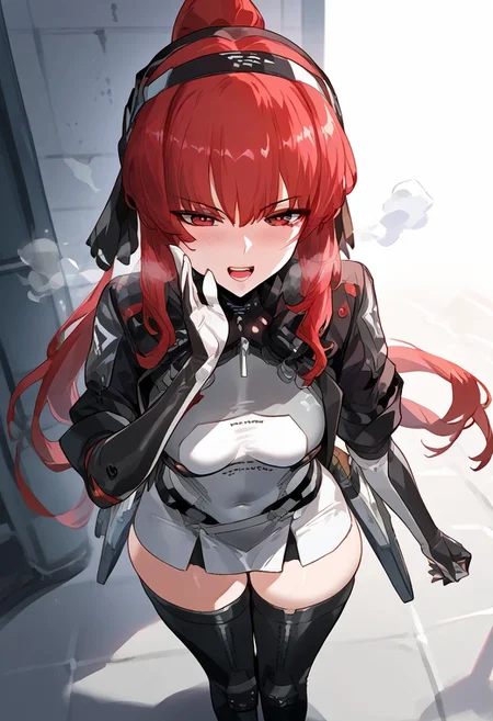 zPDXL3, score_9_up, score_8_up, score_7_up, (Anime_source), 1girl, whispering, hand up, from above, pov, from front,Garnet, red eyes, red hair, long hair, Mole under eye, Garnet clothes, headgear, headband, mech waist wings, thigh boots, gloves, open mouth, evil smile, little blush, steam