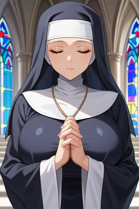 score_9, score_8_up, score_7_up, source_anime, rating_safe, intricate details, anime screencap, official style, 1girl, <lora:Anonym:1>, anonym, nun veil, blue veil, closed eyes, indoor, looking at viewer, expressionless, huge breasts, nun, habit praying, cathedral, shiny skin, steaming body, own hands together, interlocked fingers, five fingers