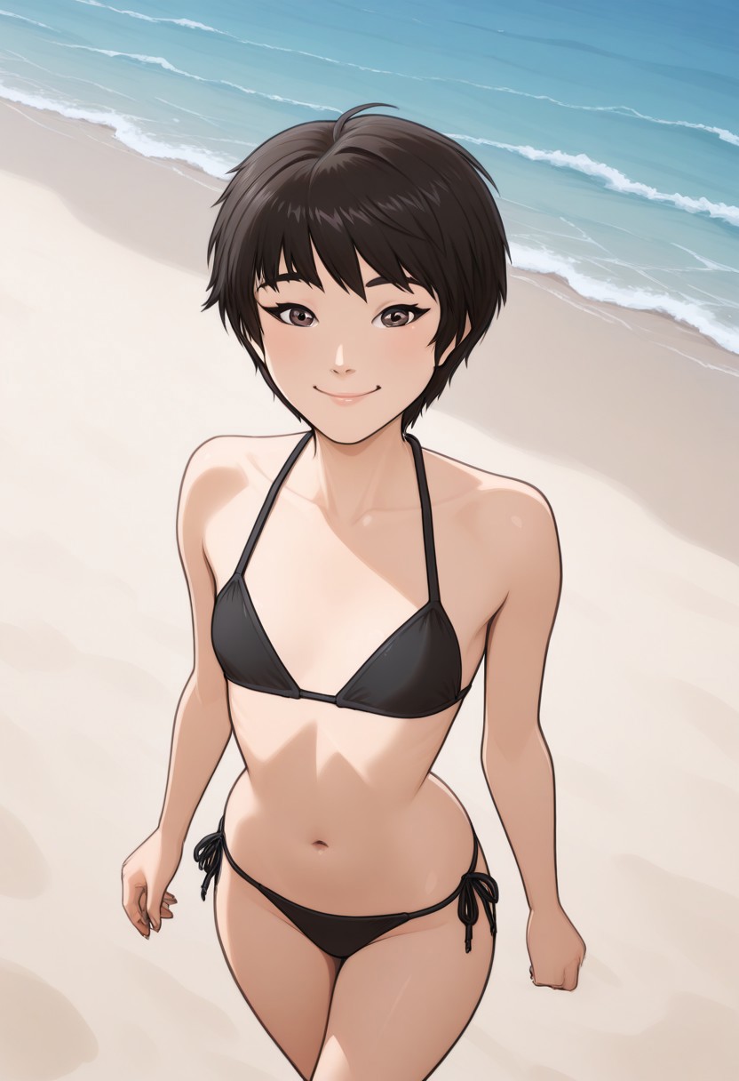 masterpiece,best quality,amazing quality,newest, absurdres, highres, detailed eyes, beautiful, perfect eyes, finely detailed face,pamistyle,	
BREAK	
1girl,solo, KimmyDKov, short hair, black hair, 
 small breasts,	
bikini, walking,
smile,	looking at viewer,
BREAK
detailed background,	beach,ocean,
BREAK
from above,