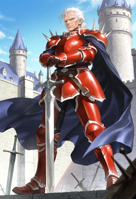 masterpiece,extreme detailed,SmoothNoob_Quality,day,outdoors,castle,full body BREAK jagen_(fe),1boy,white hair,blue eyes,(old man:0.9),scar,red armor,cape,spikes,<lora:jagen_(fe)-IL:1>,planted sword,holding sword,<lora:NOOB_vp1_detailer_by_volnovik_v1:1>,