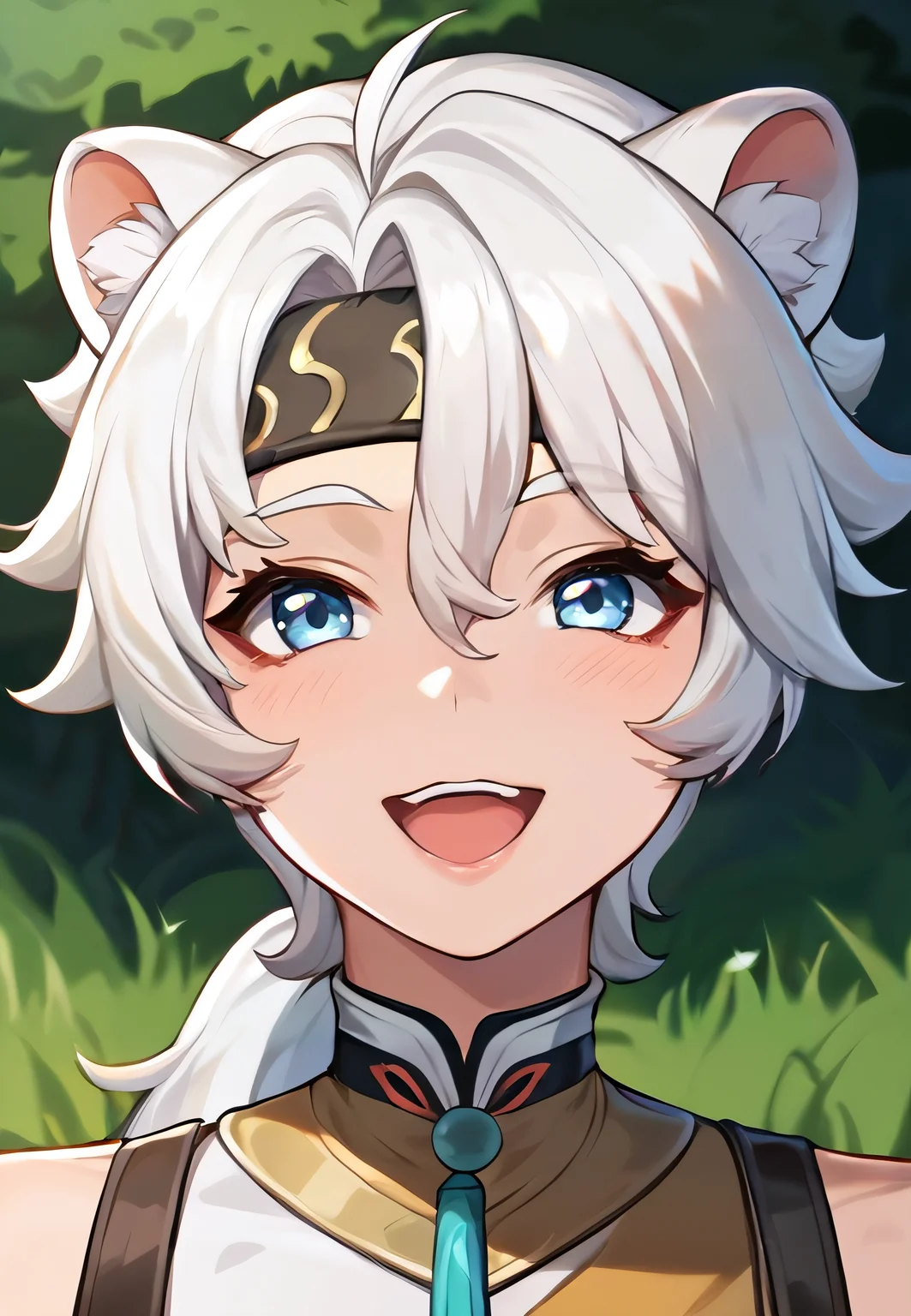 score_9, score_8_up, score_7_up, all in one, masterpiece, best quality, lots of details, (1boy:1.3), male focus, (narrow waist:1.5), <lora:sdxl_lightning_8step_lora:0.75> , closed mouth, shaded, detailed shading, detailed skin, shaded skin, realistic shading, looking at viewer, countershading:1.1, outdoors, <lora:add-detail-xl:0.7>, <lora:Smooth Anime 2 Style SDXL_LoRA_Pony Diffusion V6 XL:0.65>, , , , sloppy open mouth, cute smile, , hair between eyes, <lora:lingyang-08:0.55>, (lingyang:1.3), ponytail, blue eyes, tail, animal ears, (default outfit:1.3), (close-up shot:1.2), headband,