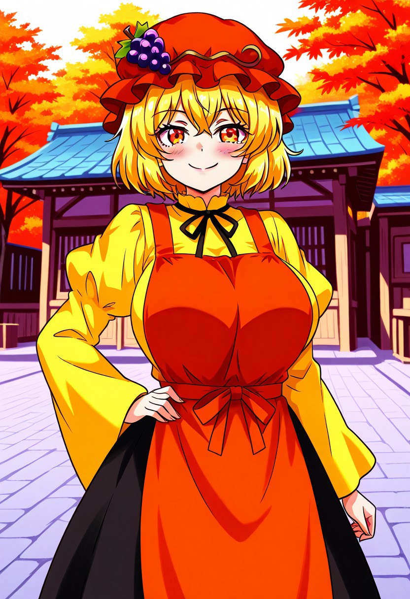 seireiart style, outside, (japanese village), (feudal japan), ((marketplace)), daytime, ((autumn)), 1girl, solo, naughty smile, blush, closed mouth, ((Large Breasts)), looking at viewer, ((standing)), ((posings)), aki minоriko, blonde hair, short hair, orange eyes, mob cap, grapes on hat, dress, yellow shirt, red apron, black skirt, wide sleeves, juliet sleeves, ribbon