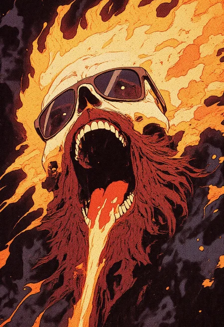 Illustration in the style of cksc of a skull on fire with a molten beard wearing sunglasses, screaming while suspended in a void.